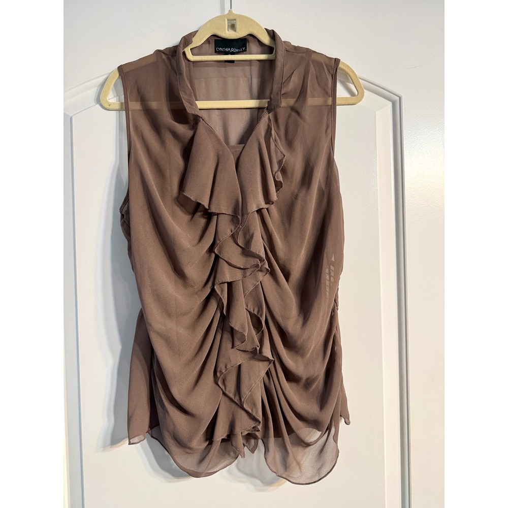 Cynthia Rowley Blouse Women XL Brown Ruffle Coquette Smocked Peplum Sleeveless